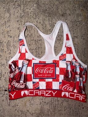 Coca-Cola Red & White Checkerboard Bottle Print Sports Bra